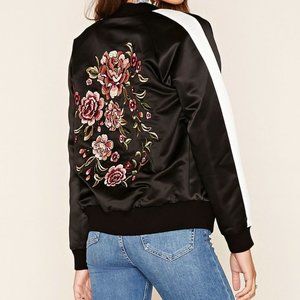 Forever 21 Contemporary Women's Black Bomber jacket floral embroidery  Size M